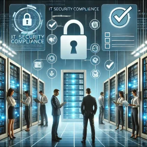 DALL·E 2025-02-14 14.52.16 - A professional and modern digital illustration representing IT security compliance. The image features a secure server room with glowing data servers,