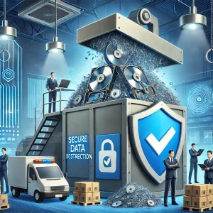 DALL·E 2025-02-14 14.56.33 - A professional digital illustration representing secure data destruction. The image features a high-tech shredding machine destroying hard drives and