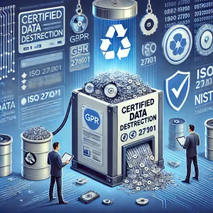 DALL·E 2025-02-14 15.05.47 - A high-quality digital illustration representing certified data destruction. The image features a high-tech shredding machine destroying hard drives,